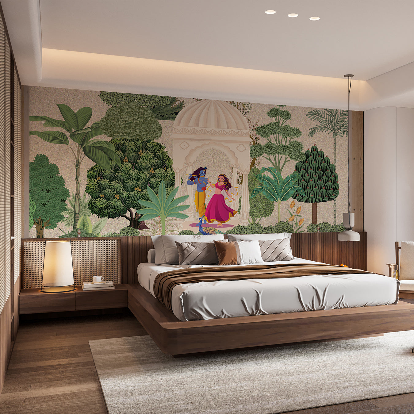 Radha Krishna Peel and Stick Wallpaper – Indian Palace Garden Wall Mural – Spiritual Heritage Decor