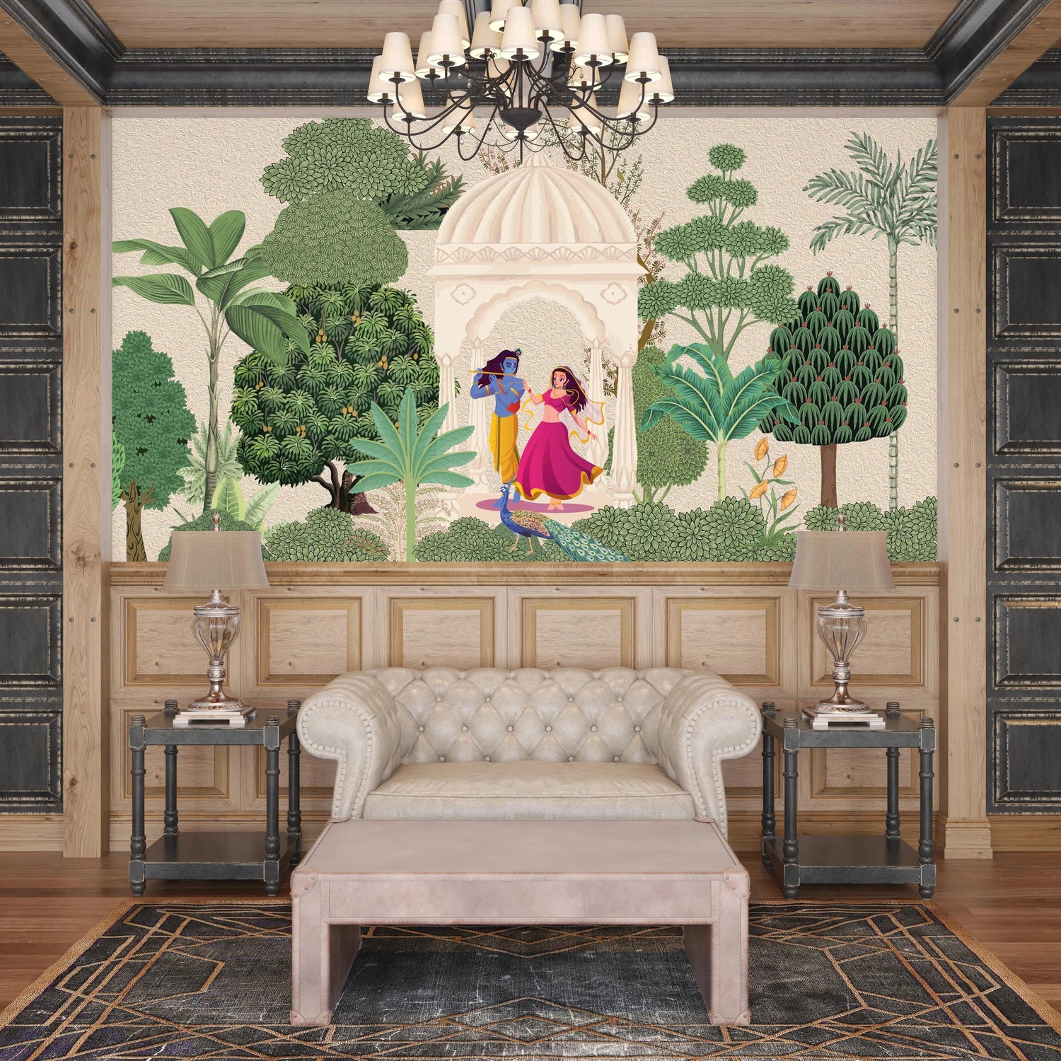 Radha Krishna Peel and Stick Wallpaper – Indian Palace Garden Wall Mural – Spiritual Heritage Decor