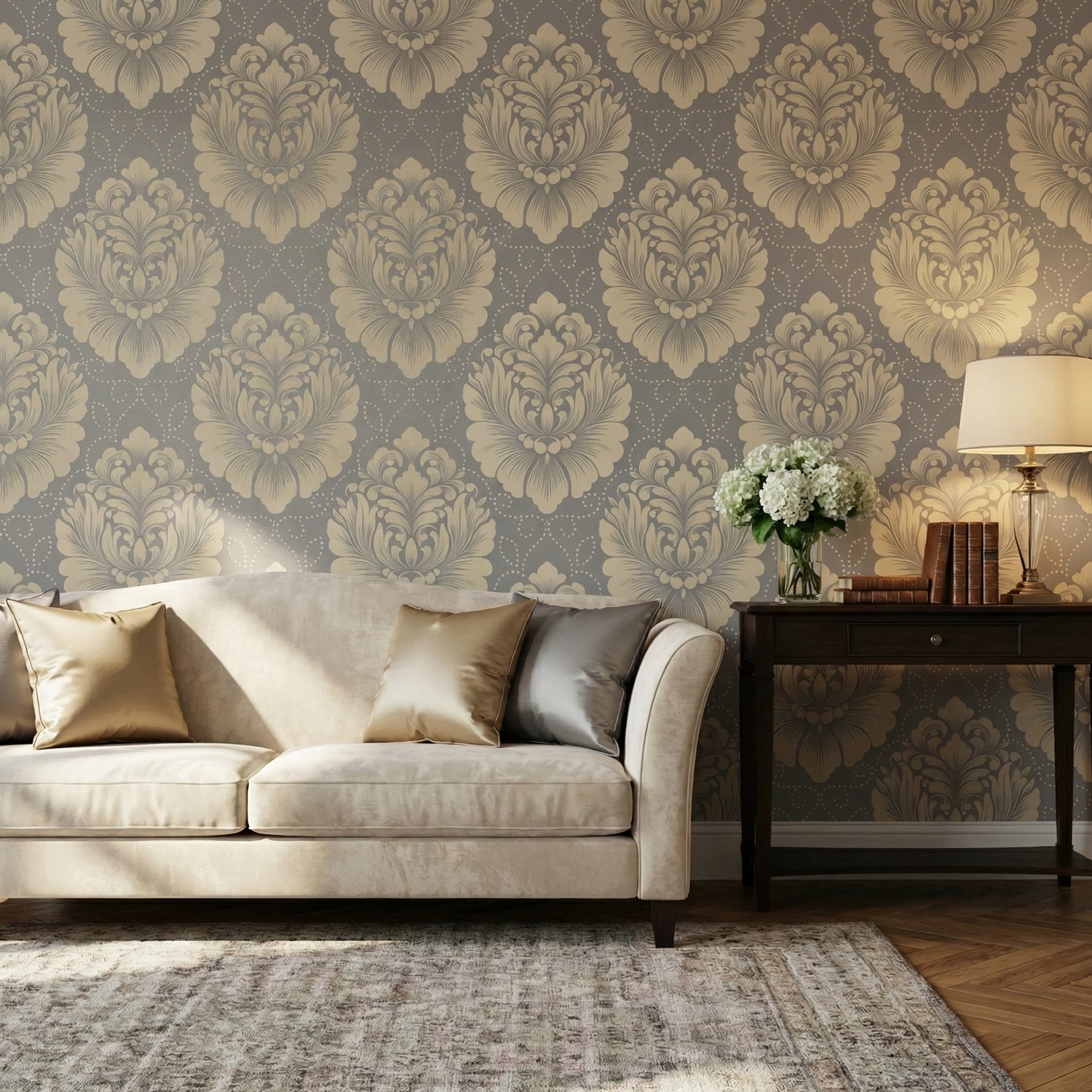 Grey & Gold Damask Peel and Stick Wallpaper | Royal Floral Medallion Wall Design | Eternal Walls