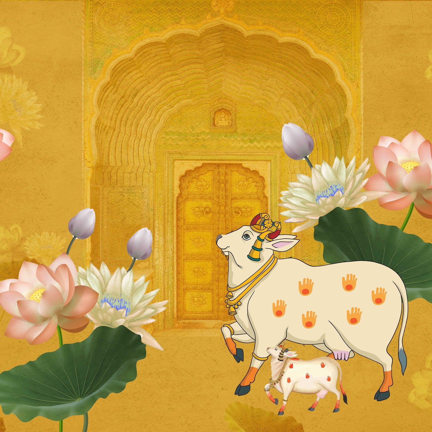 Sacred Cow Peel and Stick Wallpaper – Indian Temple Wall Mural – Golden Lotus Spiritual Decor