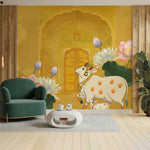 Sacred Cow Peel and Stick Wallpaper – Indian Temple Wall Mural – Golden Lotus Spiritual Decor