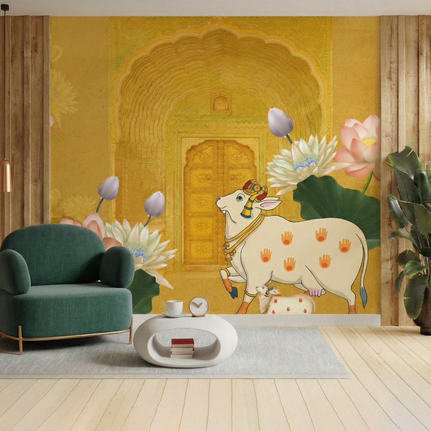 Sacred Cow Peel and Stick Wallpaper – Indian Temple Wall Mural – Golden Lotus Spiritual Decor