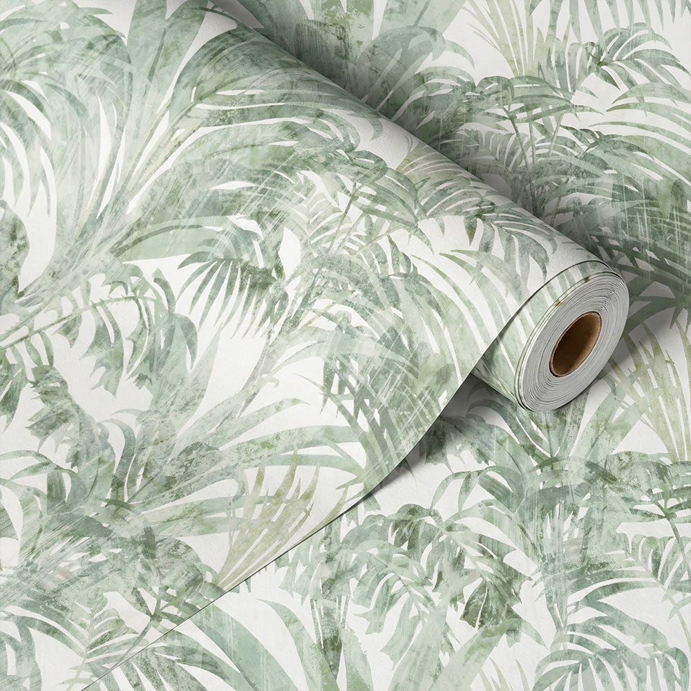 Sage Green Palm Peel and Stick Wallpaper – Tropical Watercolor Leaf Wall Decor – Removable Modern Pattern