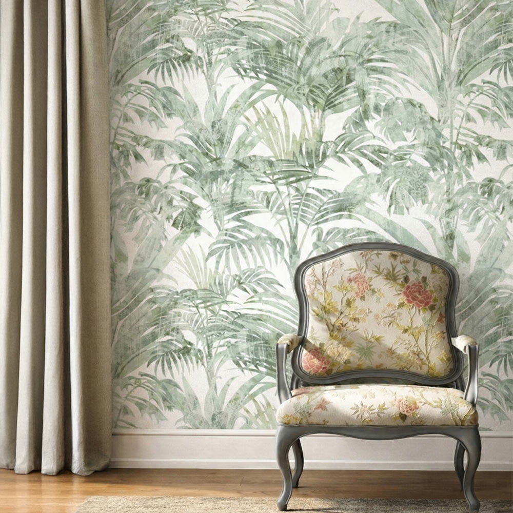Sage Green Palm Peel and Stick Wallpaper – Tropical Watercolor Leaf Wall Decor – Removable Modern Pattern