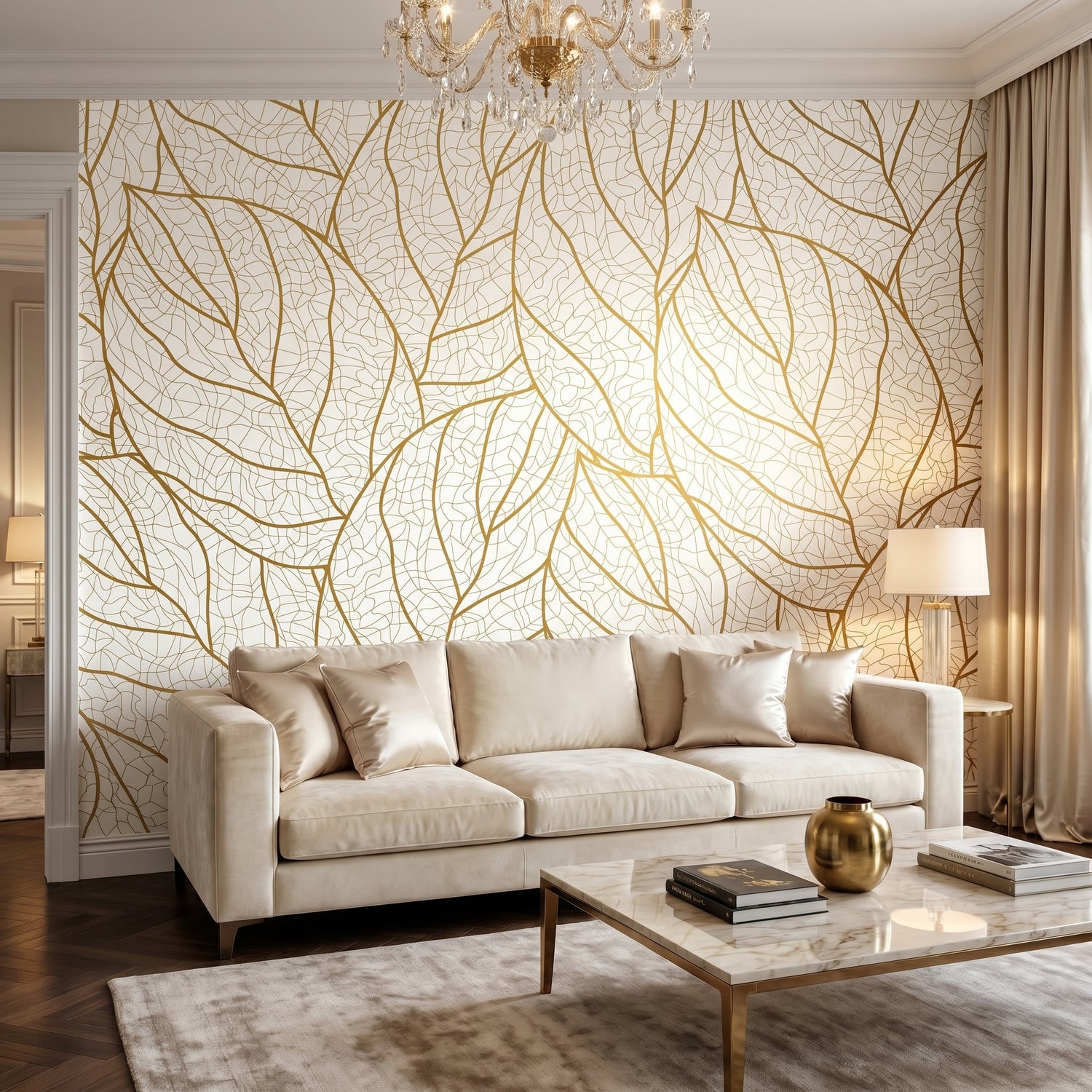 White & Gold Leaf Vein Wallpaper | Elegant Botanical Peel & Stick Wallpaper for living room